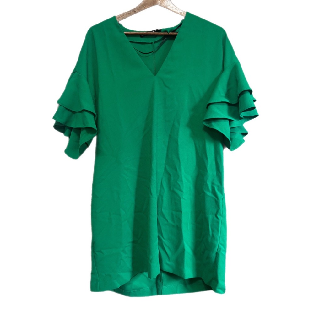 Zara Ruffle Sleeve Dress Womens L Green Excellent V-Neck Tiered Shift